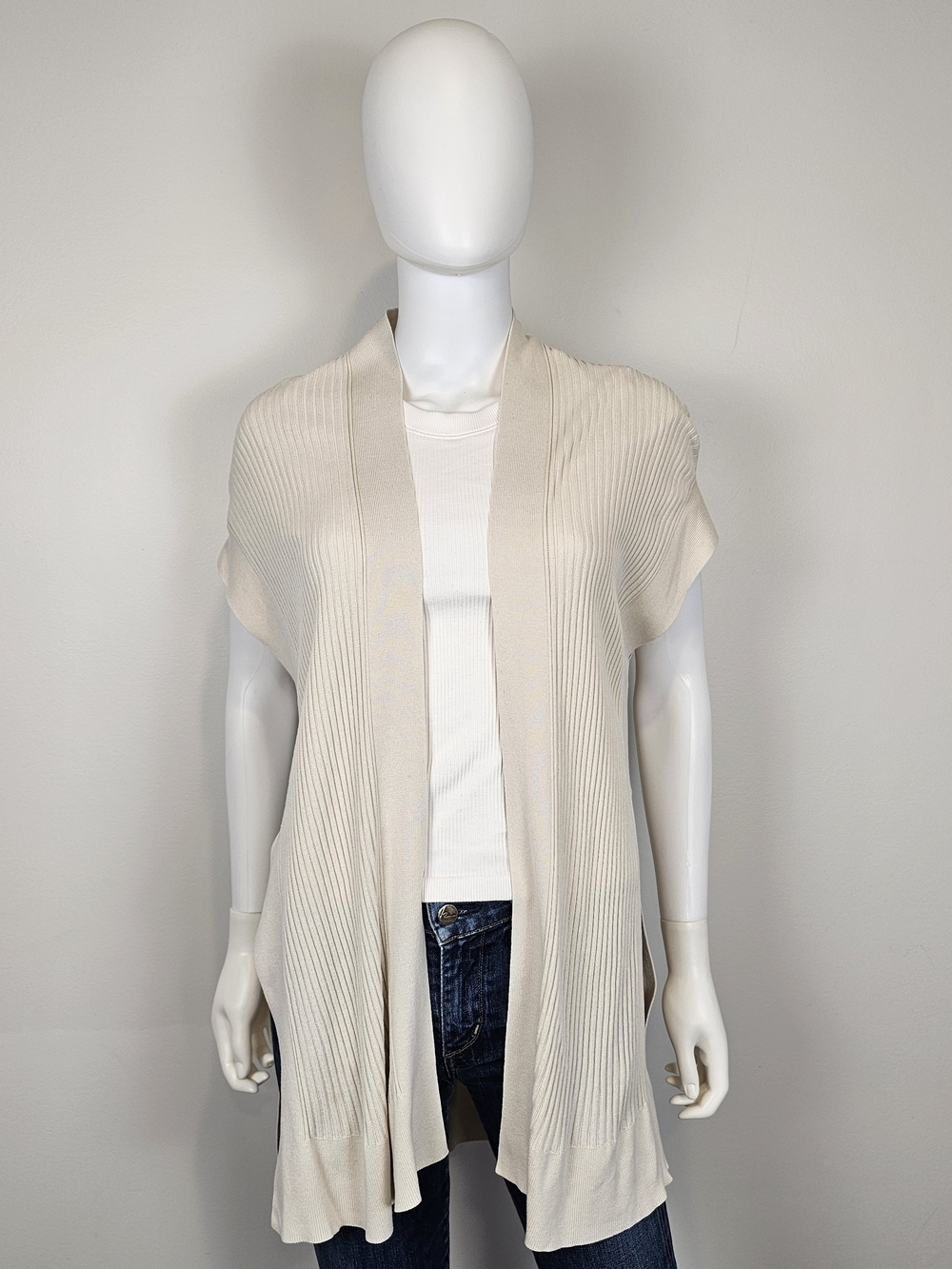Eileen Fisher Cream Ribbed Open-Front Sleeveless Cardigan Vest Sz XXS